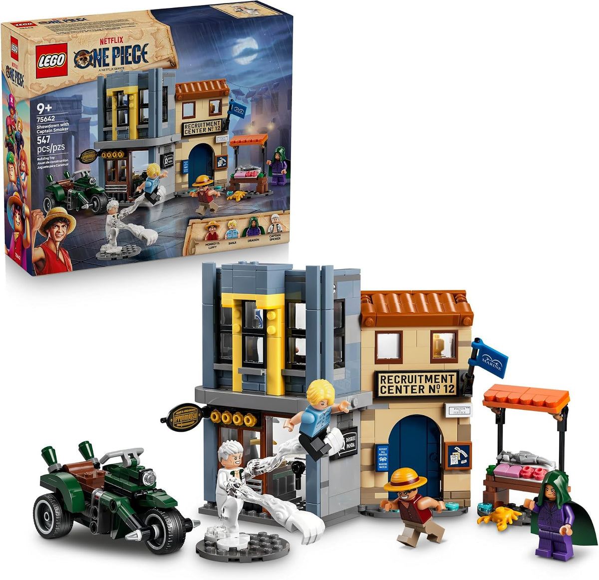 Brick-built pirate market street with fish stall, motorcycle captain and smoke effects