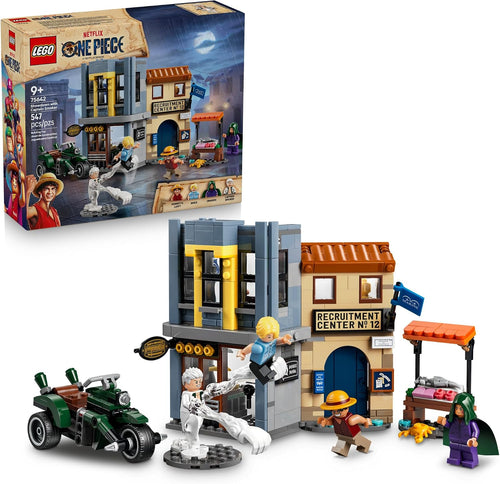 Brick-built pirate market street with fish stall, motorcycle captain and smoke effects