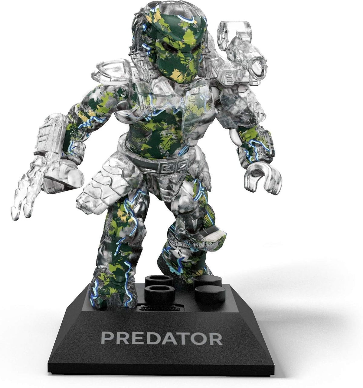 Clear translucent buildable alien hunter figure posed on a small baseplate