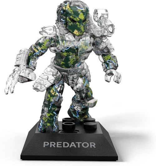 Clear translucent buildable alien hunter figure posed on a small baseplate