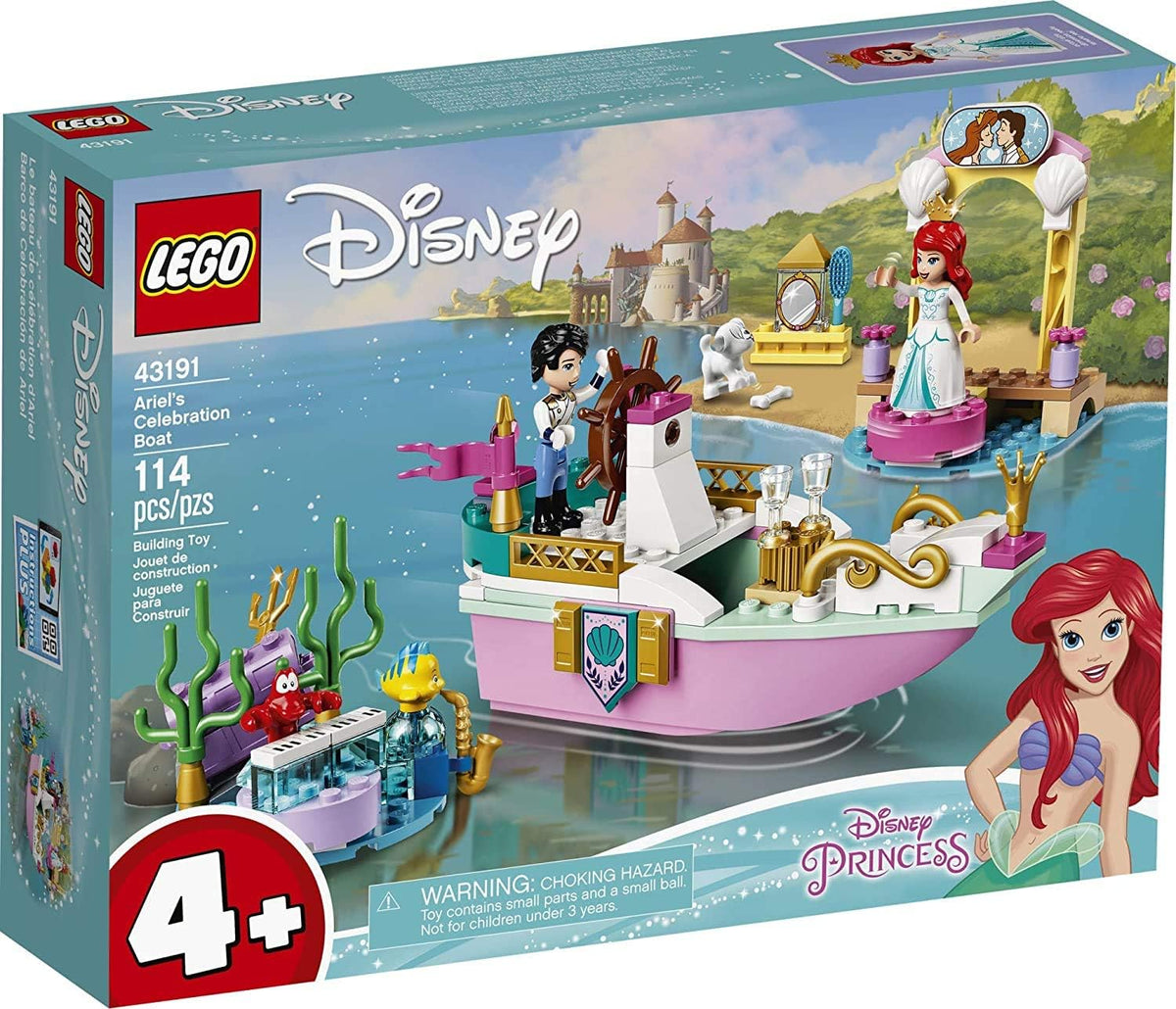 Brick-built celebration boat and pier with mermaid princess and prince figures
