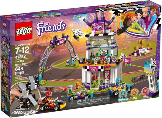 Brick racing scene with three colorful go-karts, finish line and podium