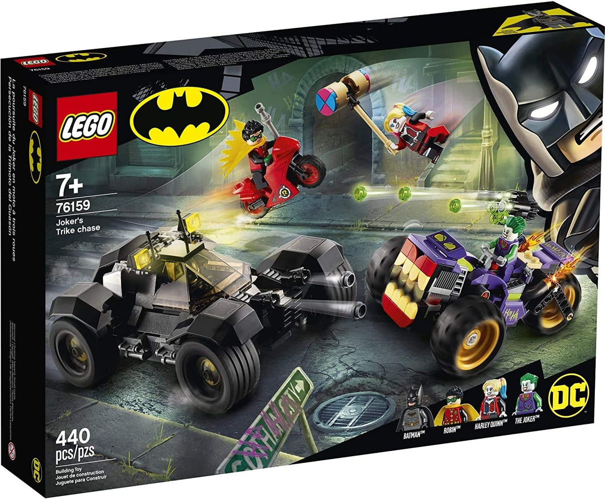 Brick superhero car chasing a villain's three-wheeled monster trike