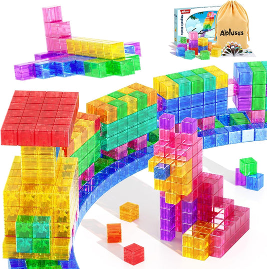 Toddler-size colorful magnetic cubes stacked into towers