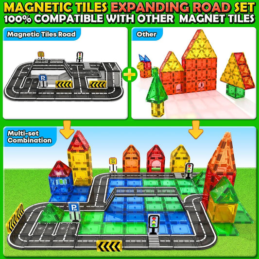 Magnetic tile buildings and road layout with toy cars and a traffic light
