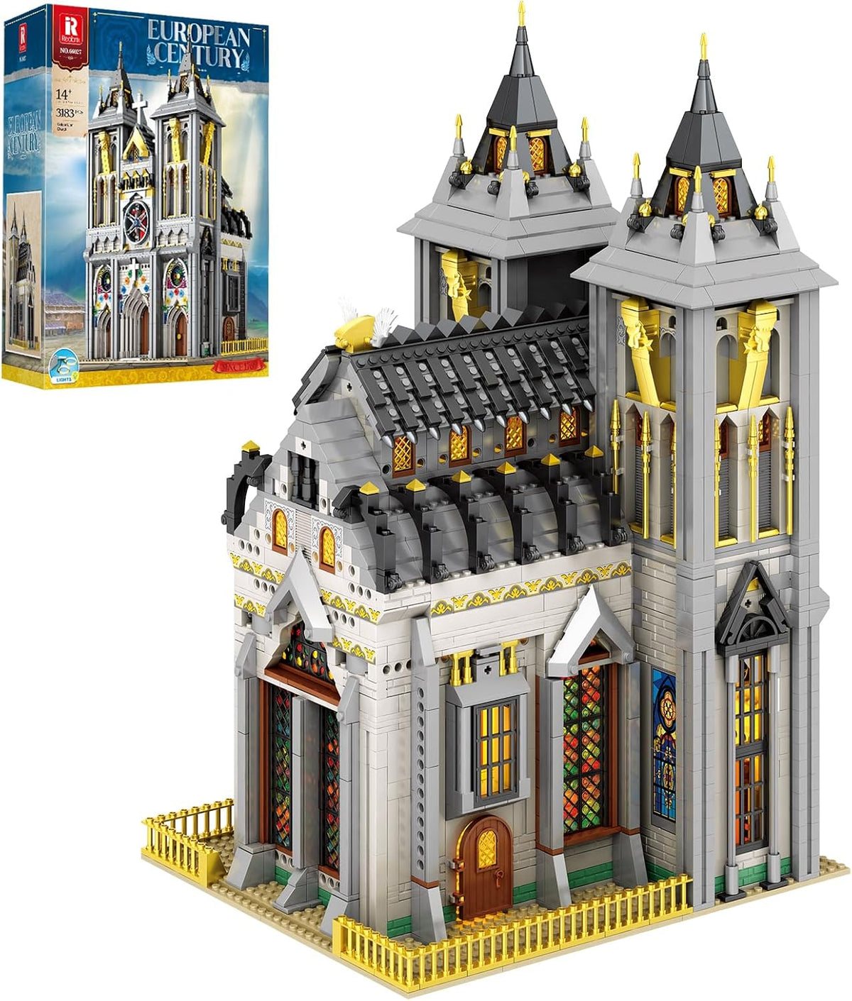 Brick-built medieval church with warm LED lights glowing in the windows