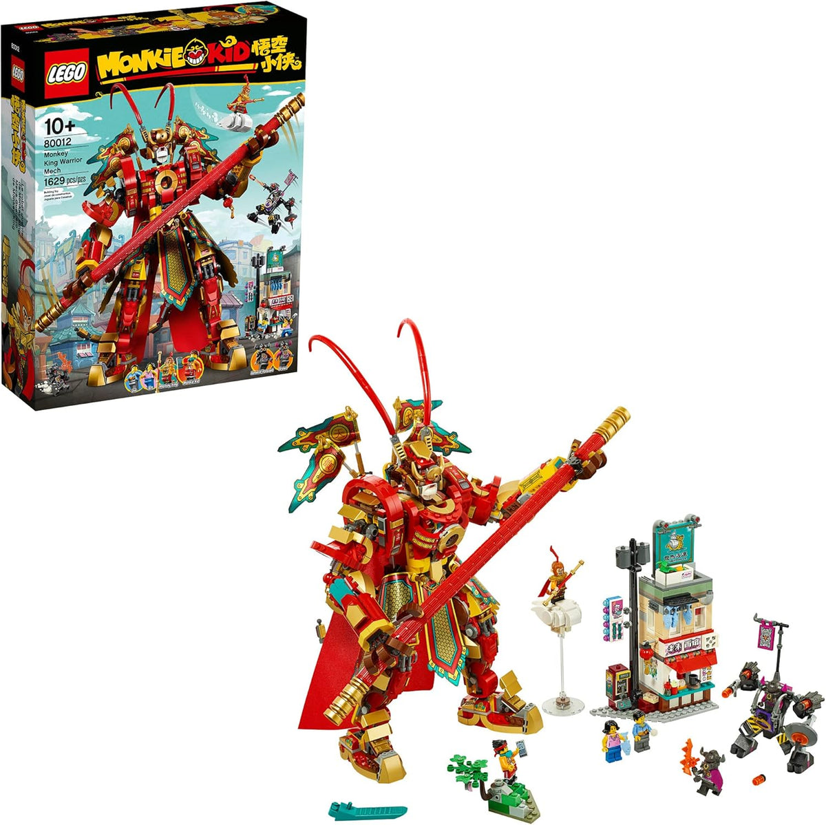 Large posable Monkey King warrior mech with extendable staff and minifigures