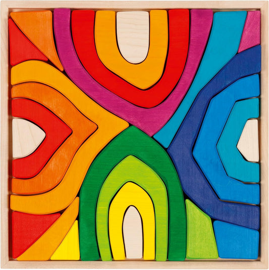 Rainbow maple wood blocks arranged in a square tray showing the four seasons