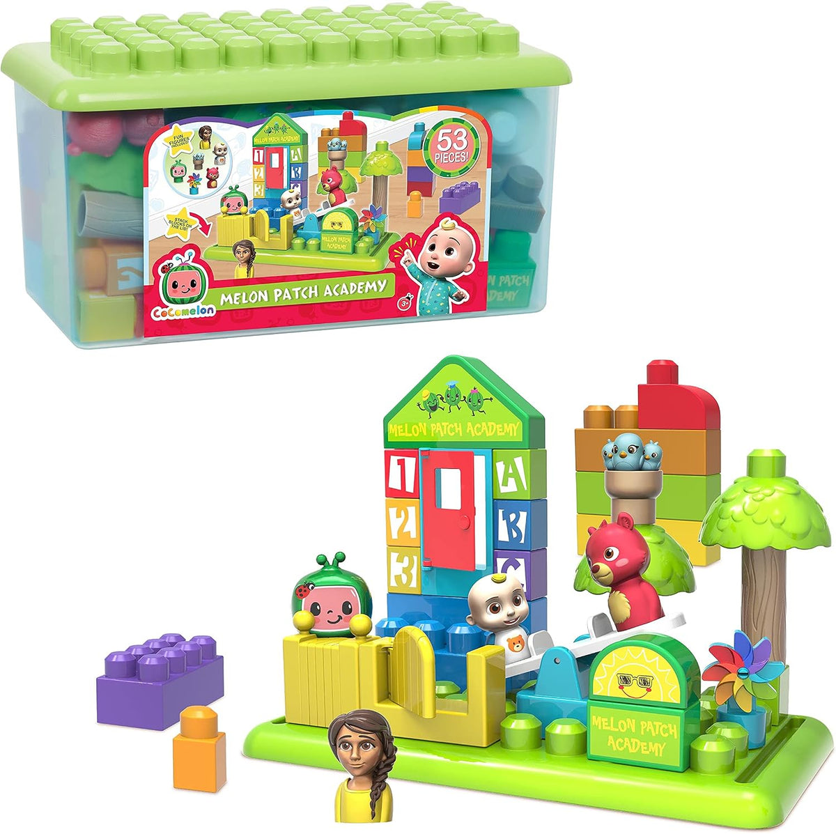 Large colorful toddler blocks built into a small school with six character figures