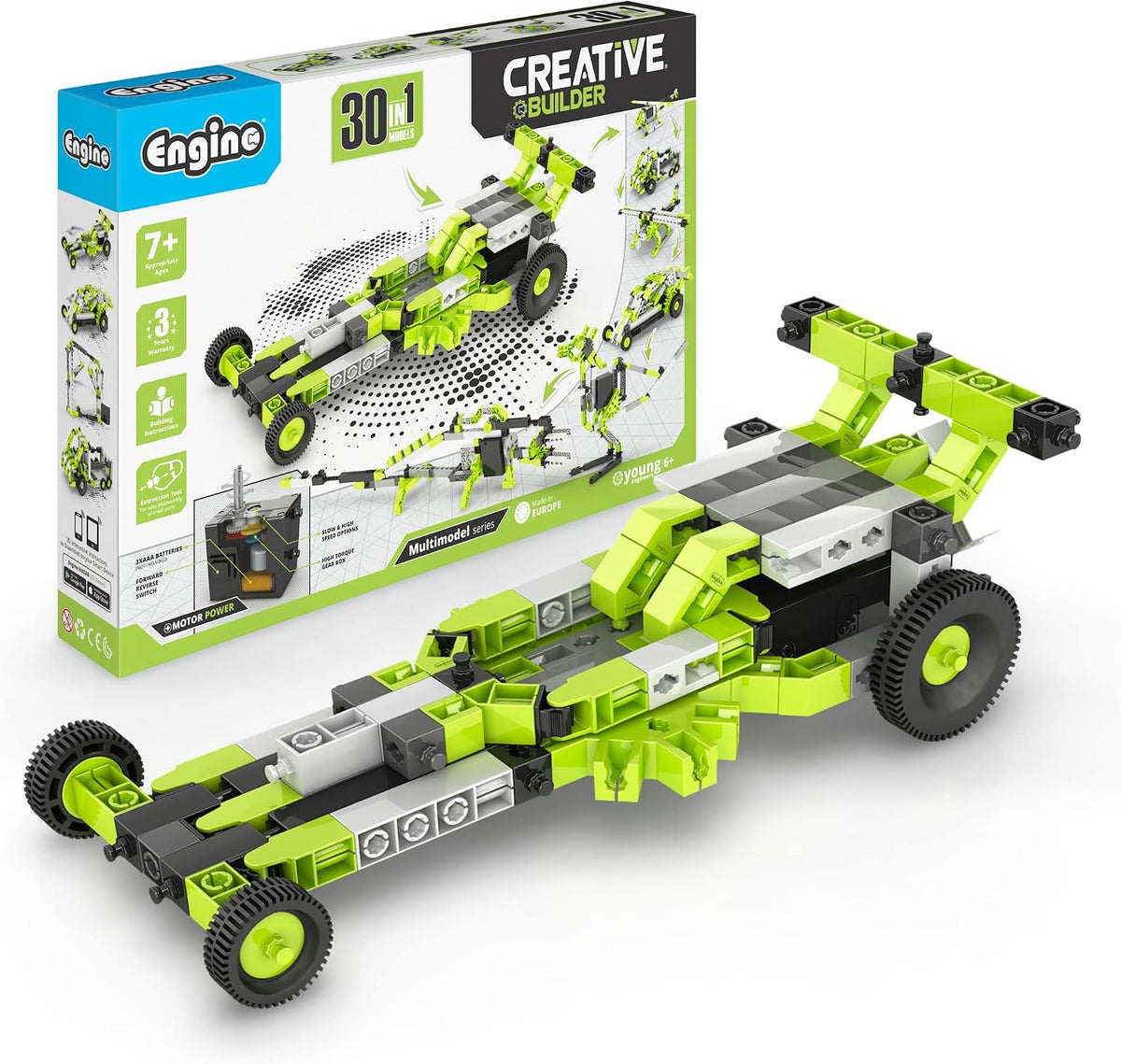 Built motorized toy vehicle model from snap-together construction parts