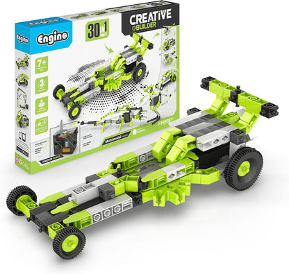 Built motorized toy vehicle model from snap-together construction parts