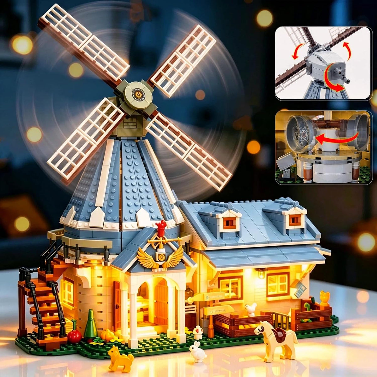 Brick-built Dutch windmill with four large sails beside a farmhouse and farm animals