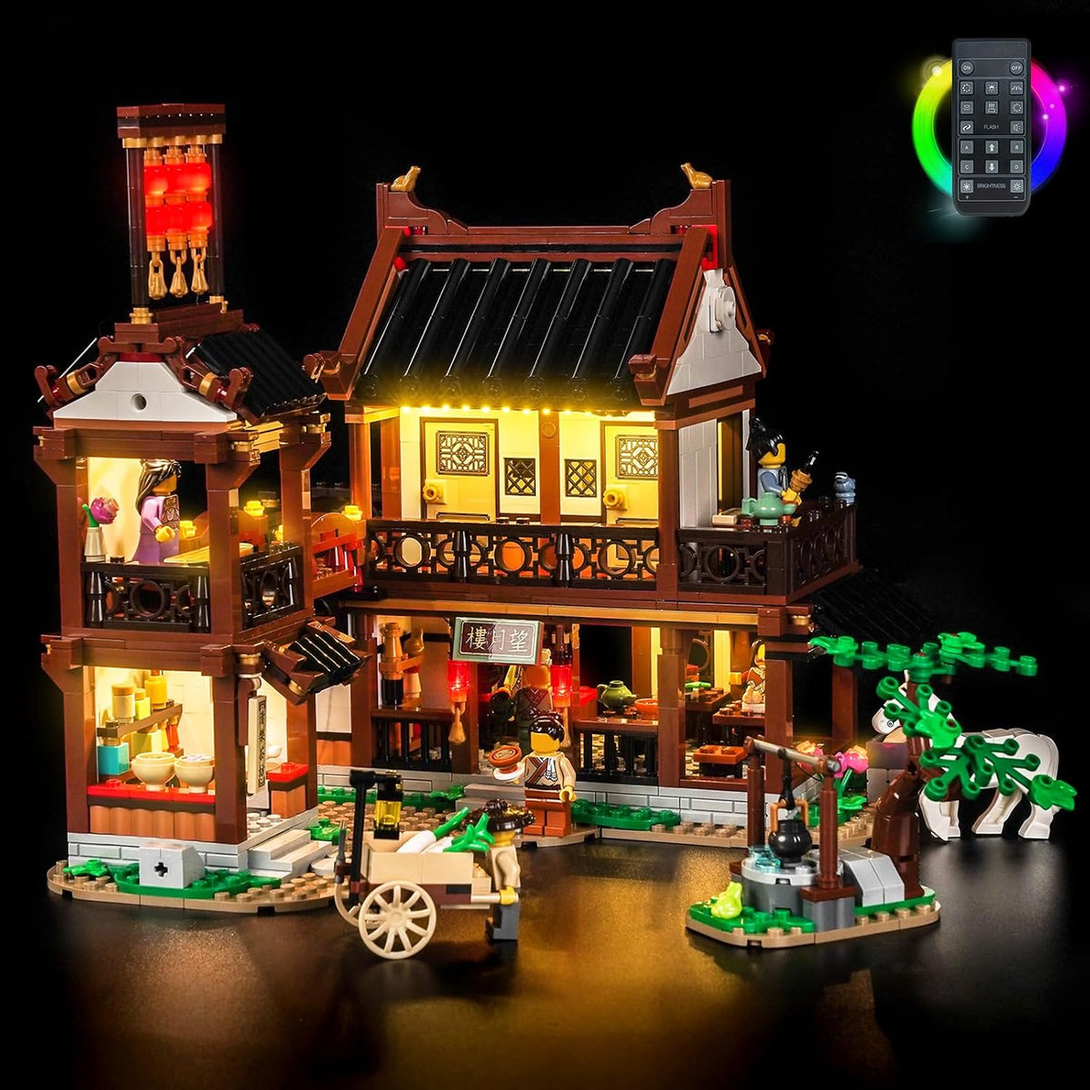 Ancient-style brick inn model lit with warm LED lights at night