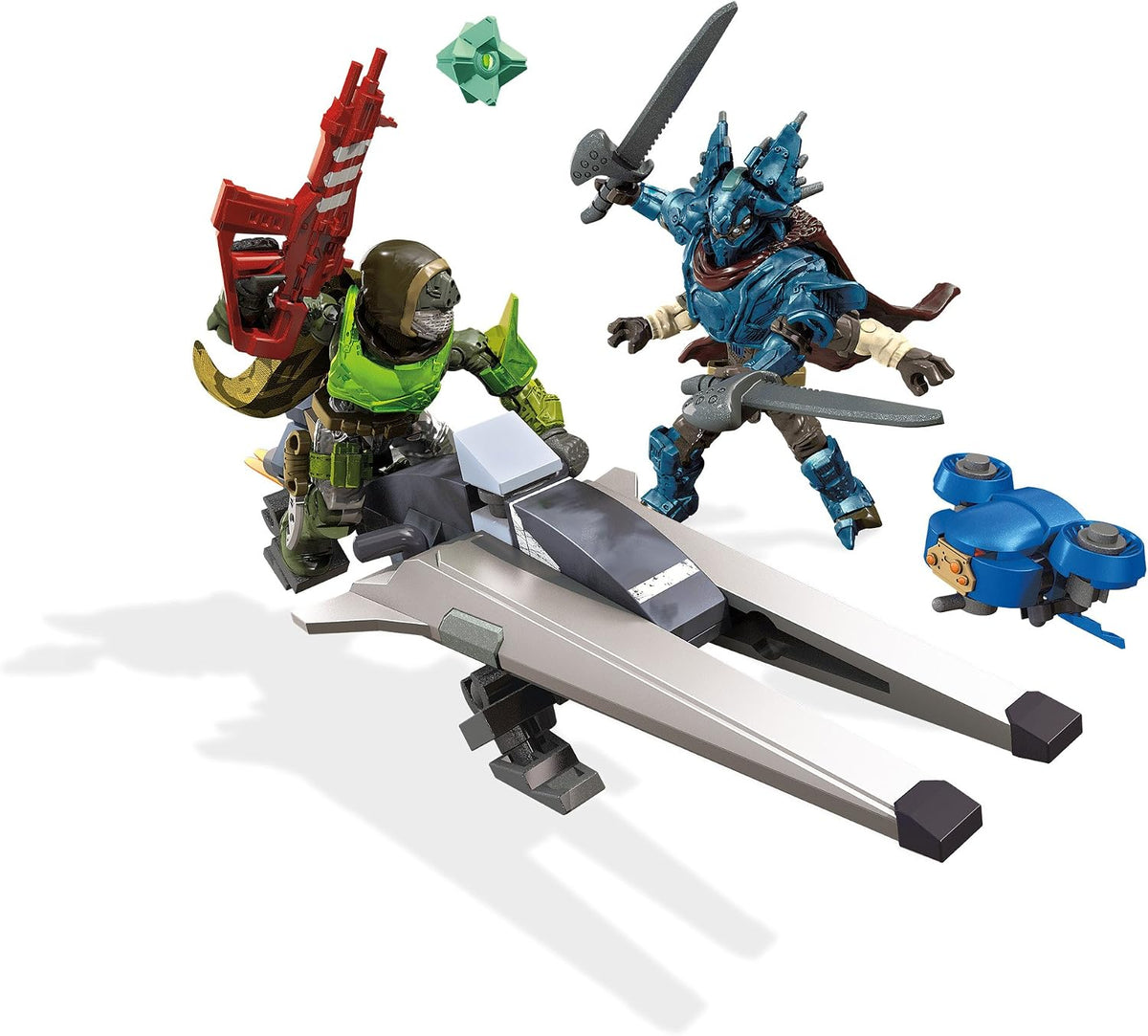 Built sci-fi hover bike and small drone on clear stands with two armored micro action figures