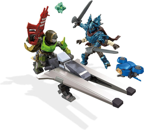 Built sci-fi hover bike and small drone on clear stands with two armored micro action figures