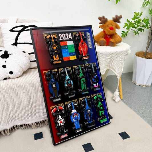 Wall-mounted display frame with ten slots for small brick race car models