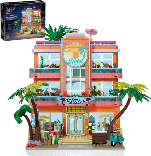 Illuminated brick-built beach resort hotel with seaside details