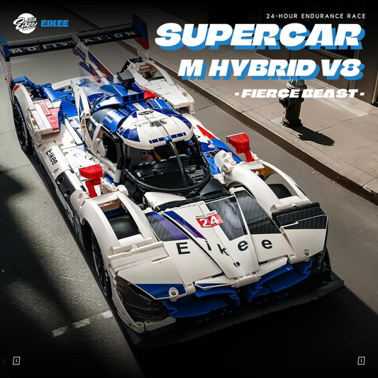 Built white, blue and red endurance prototype race car brick model at 1:8 scale