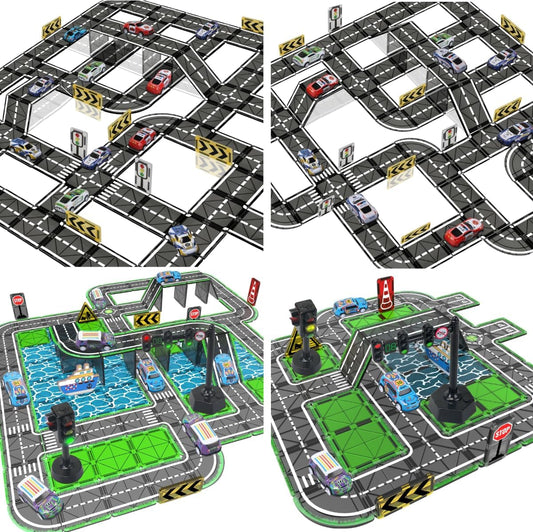 Magnetic tile road layout with toy cars, traffic lights and a small ship
