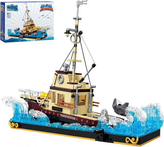 Brick-built freight ship on transparent blue waves with a small white shark