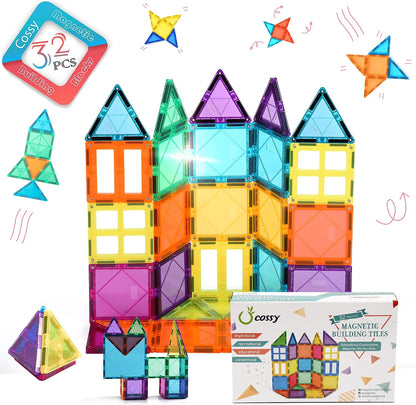 Colorful magnetic tiles built into ramps and towers with two toy cars – view 3