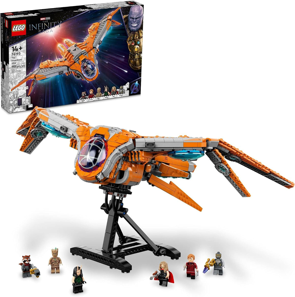 Large brick-built superhero spaceship on an adjustable display stand
