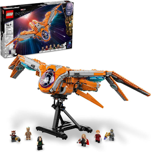 Large brick-built superhero spaceship on an adjustable display stand