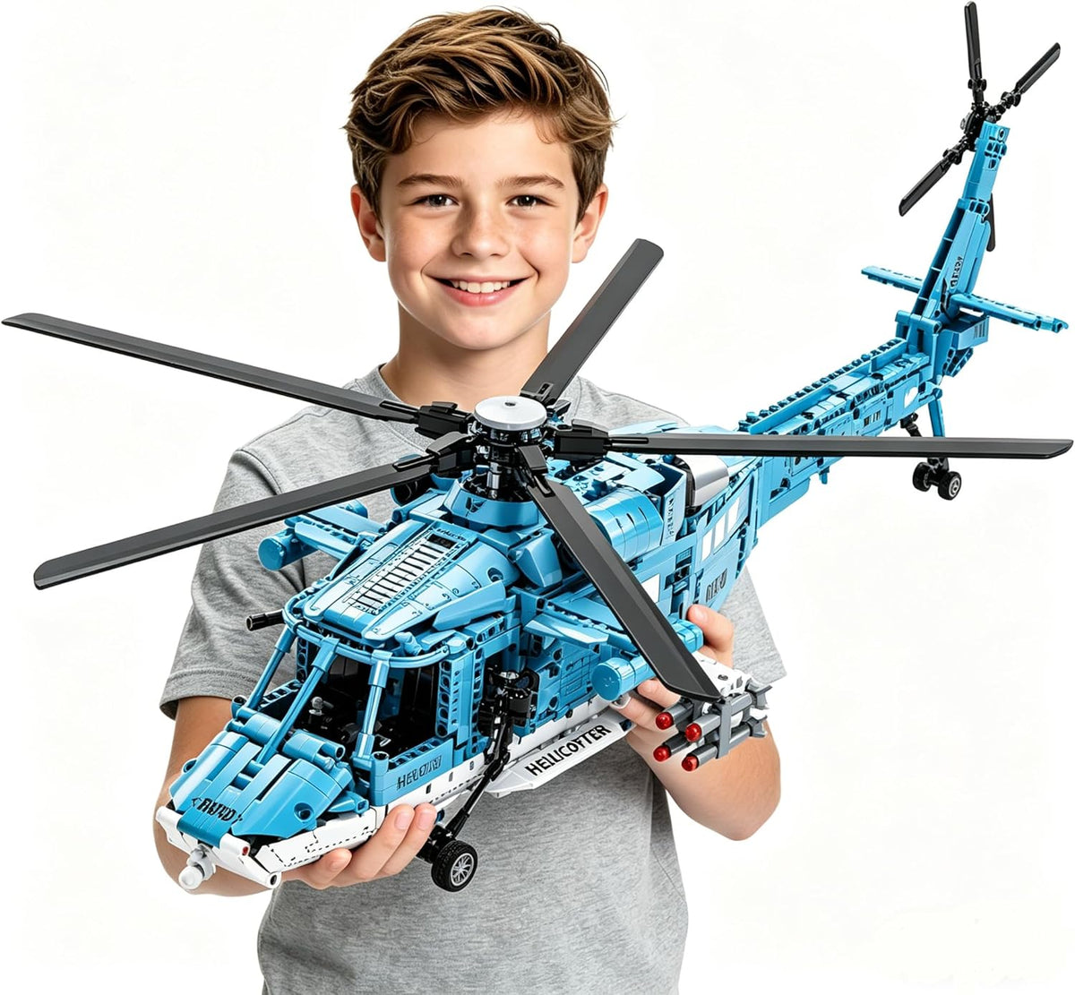Brick-built military helicopter with motor-driven rotors – view 3