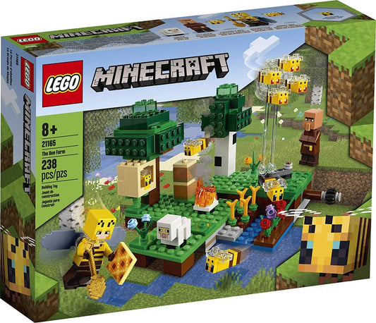 Blocky pixel-style bee farm with tree, bees, beekeeper and sheep figures