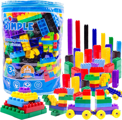 Pile of large multi-colored interlocking toddler blocks built into a house and car – view 2