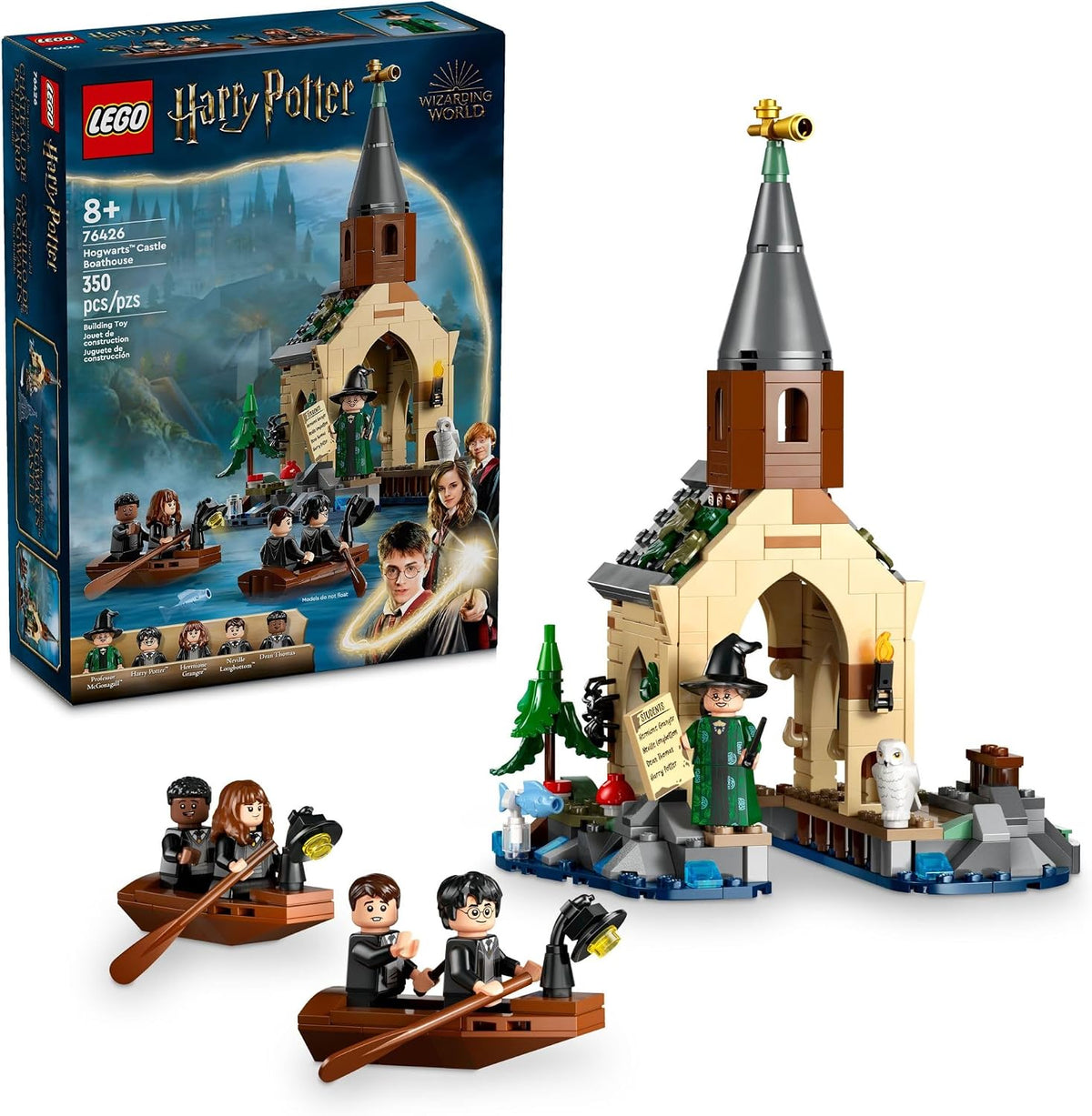 Brick wizard school boathouse with two small lamp-lit boats and figures