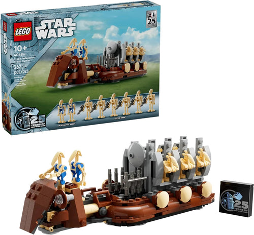 Built sci-fi troop carrier brick model with open rear rack holding robot soldier figures