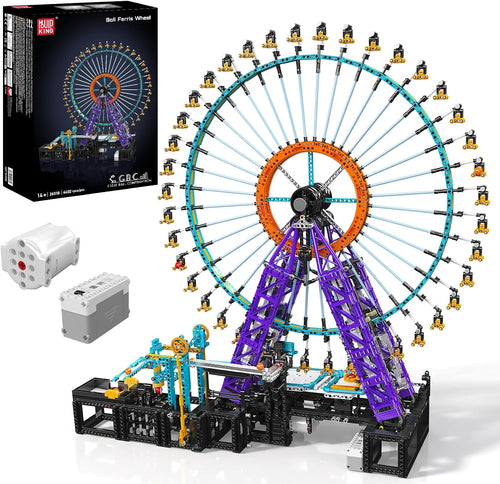 Brick-built motorized Ferris wheel with cabins and a ball track