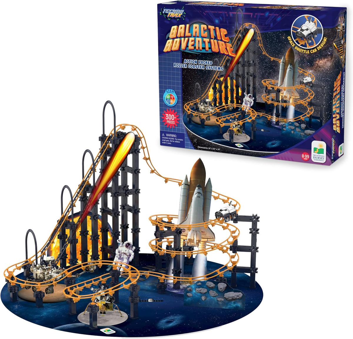 Built roller coaster track with space shuttle car and motorized chain lift