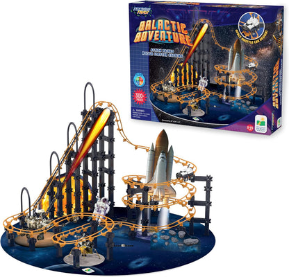 Built roller coaster track with space shuttle car and motorized chain lift