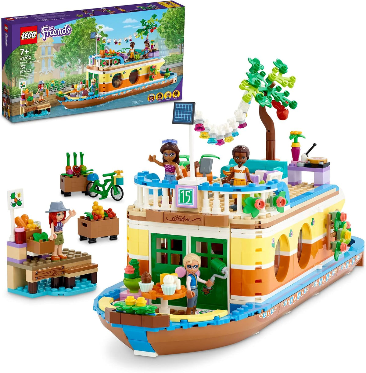 Brick-built canal houseboat with solar panel, garden and mini doll figures – view 2
