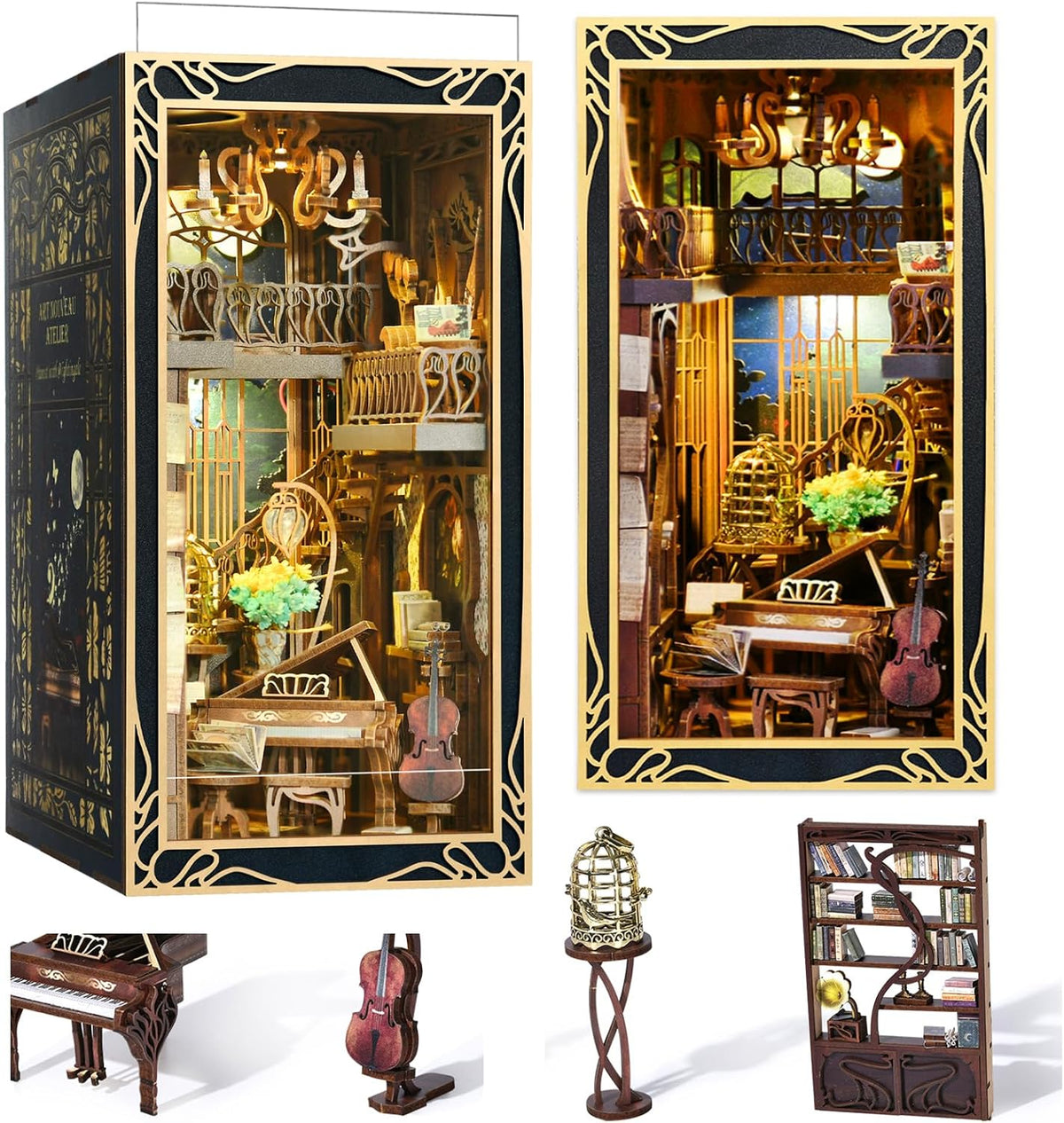 Lit fantasy castle book nook diorama standing between books on a shelf – view 19