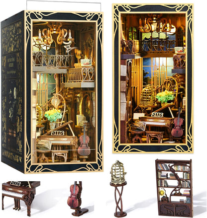 Lit fantasy castle book nook diorama standing between books on a shelf – view 19