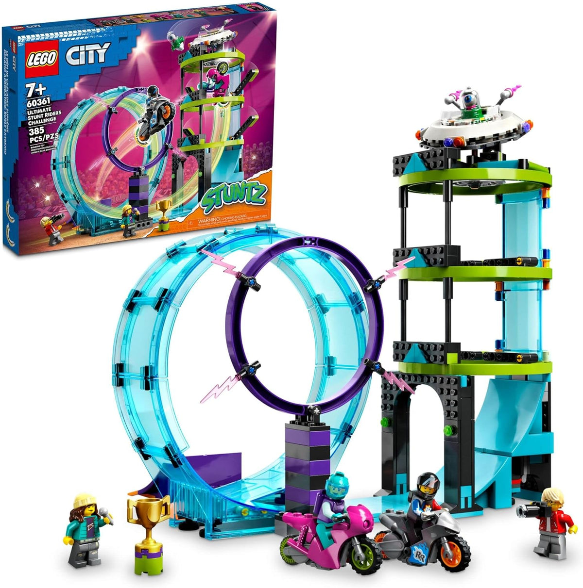 Brick-built stunt arena with a loop, ring of fire and two flywheel motorcycles