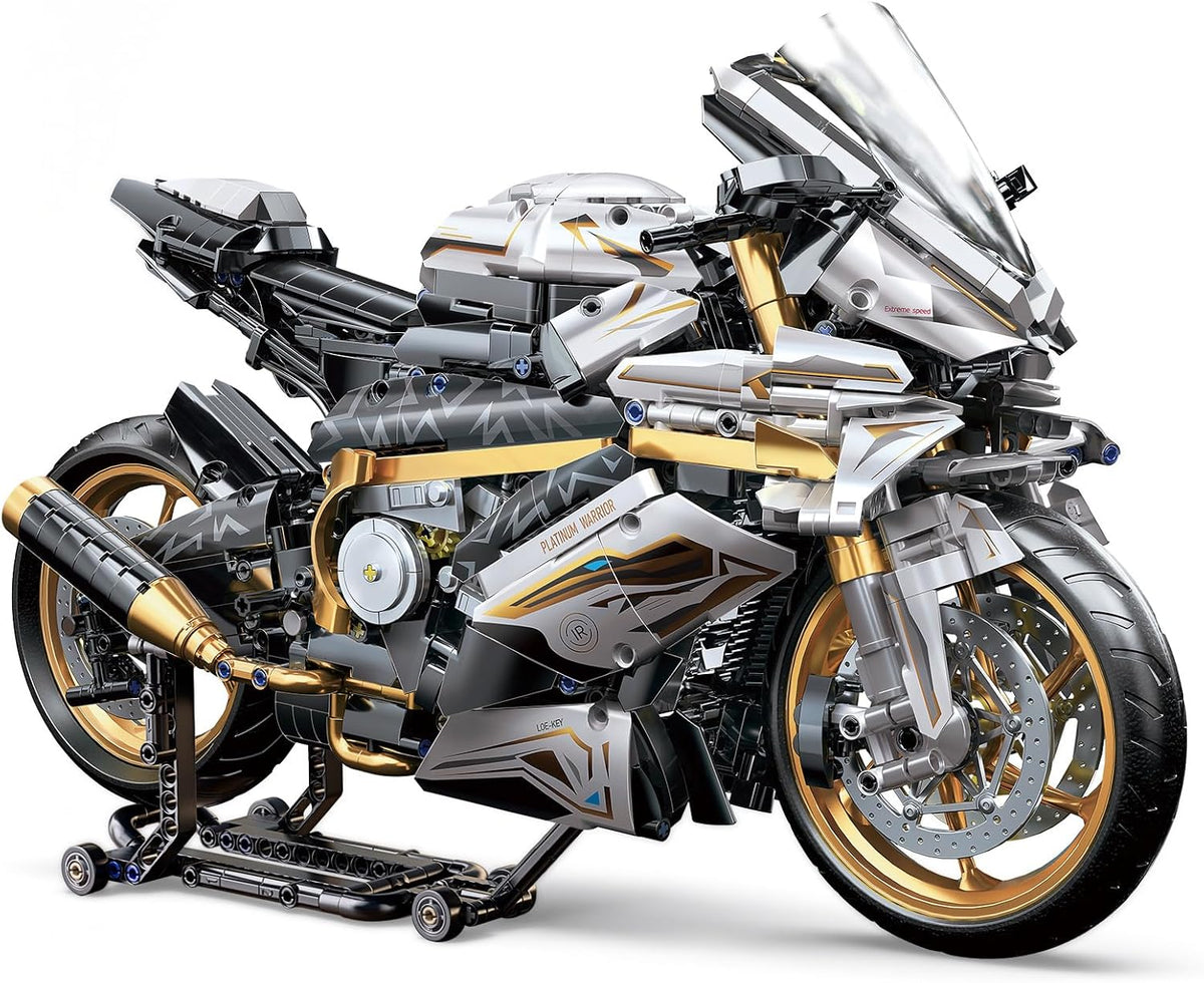 Large technical brick motorcycle model on a display stand