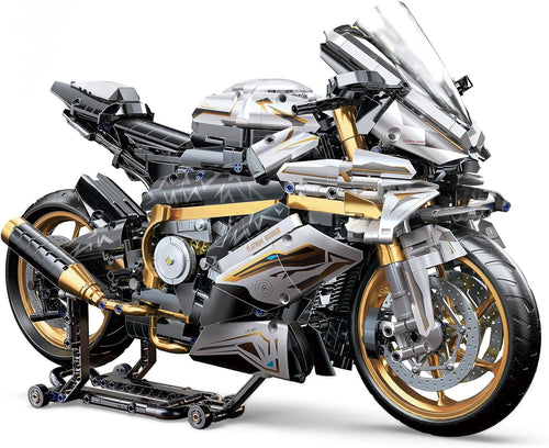 Large technical brick motorcycle model on a display stand