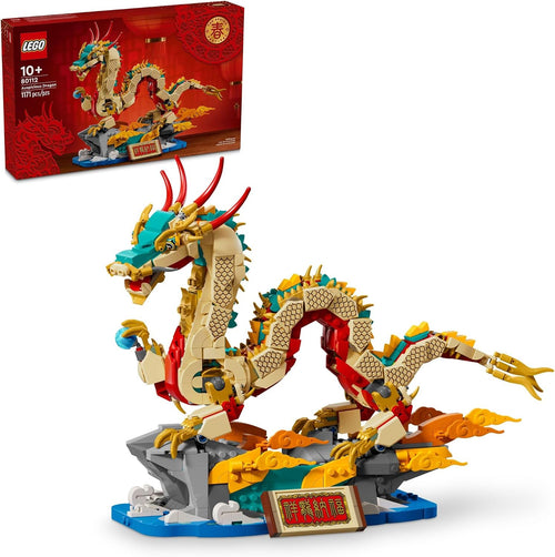 Brick-built red and gold Spring Festival dragon holding a blue crystal