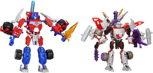 Two buildable robot figures, one red and blue, one gray, facing off