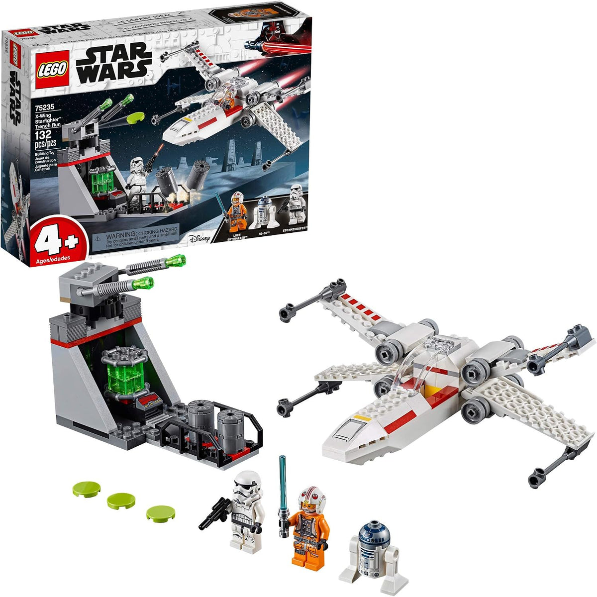 Brick-built space fighter with folding wings flying past a defense turret