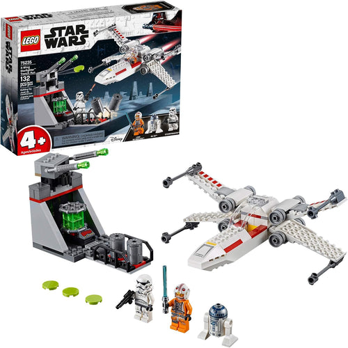 Brick-built space fighter with folding wings flying past a defense turret