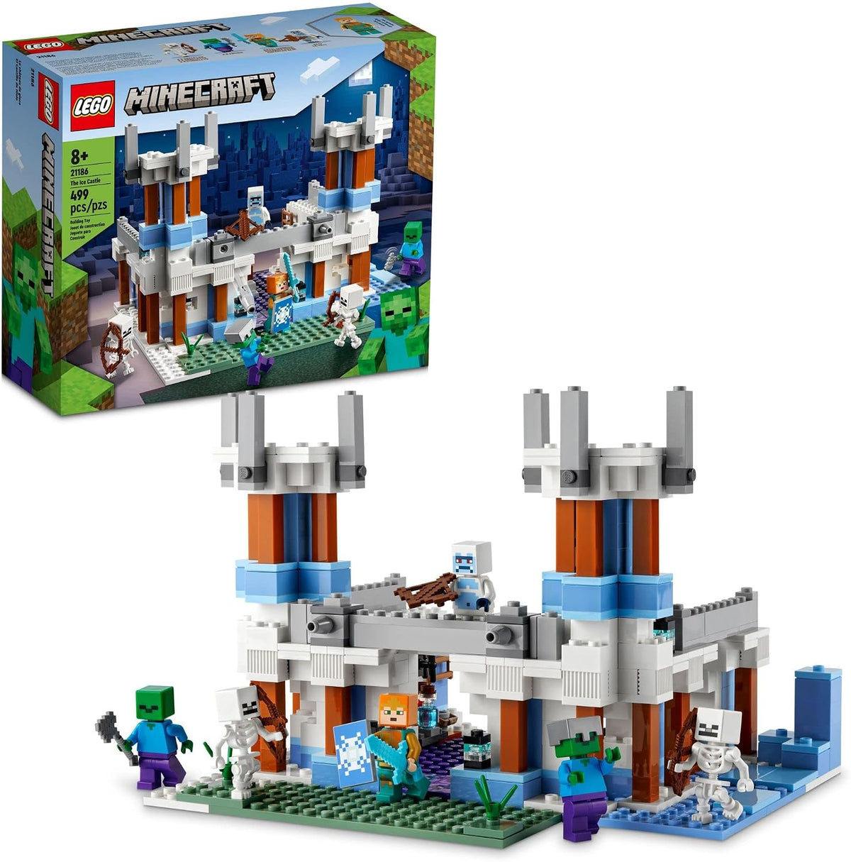Brick-built blocky ice castle with arrow launcher and mob figures