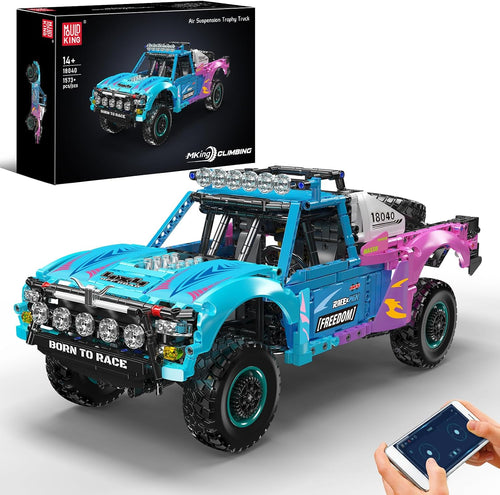 Brick-built remote control off-road car with large knobby tires