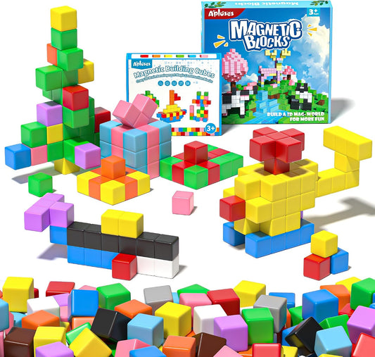 Colorful 3D magnetic cubes built into a tower and simple shapes