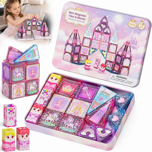 Pink glitter mini magnetic tile castle with princess and unicorn figures beside an open travel tin