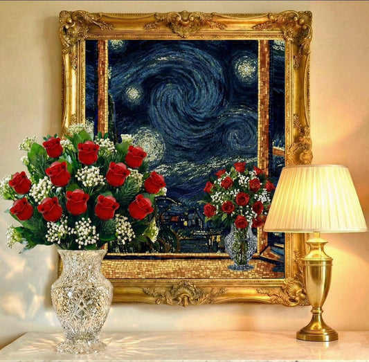 Brick-built bouquet of twelve red roses with white baby's breath beside a puzzle